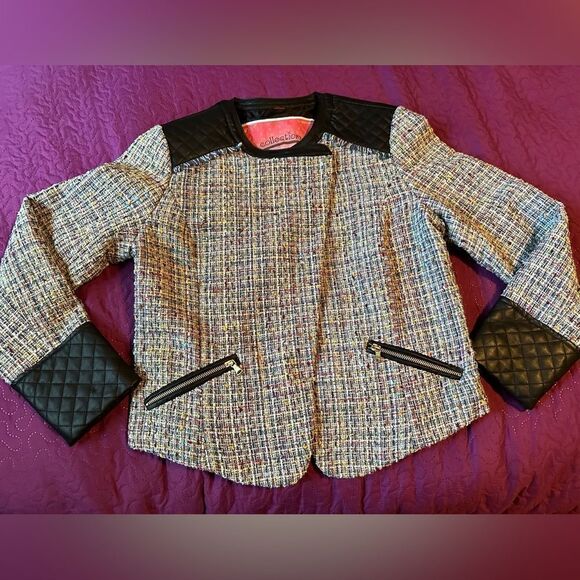 Bernardo collection tweed jacket with snaps and faux leather accents  med - Picture 1 of 8